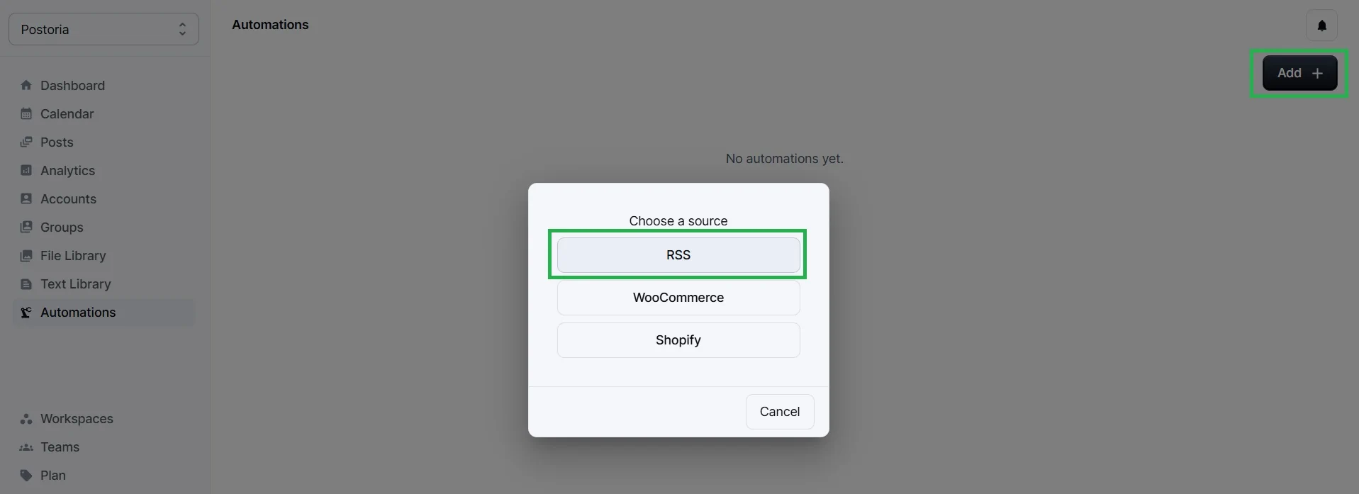 Click Add to Create RSS Automation