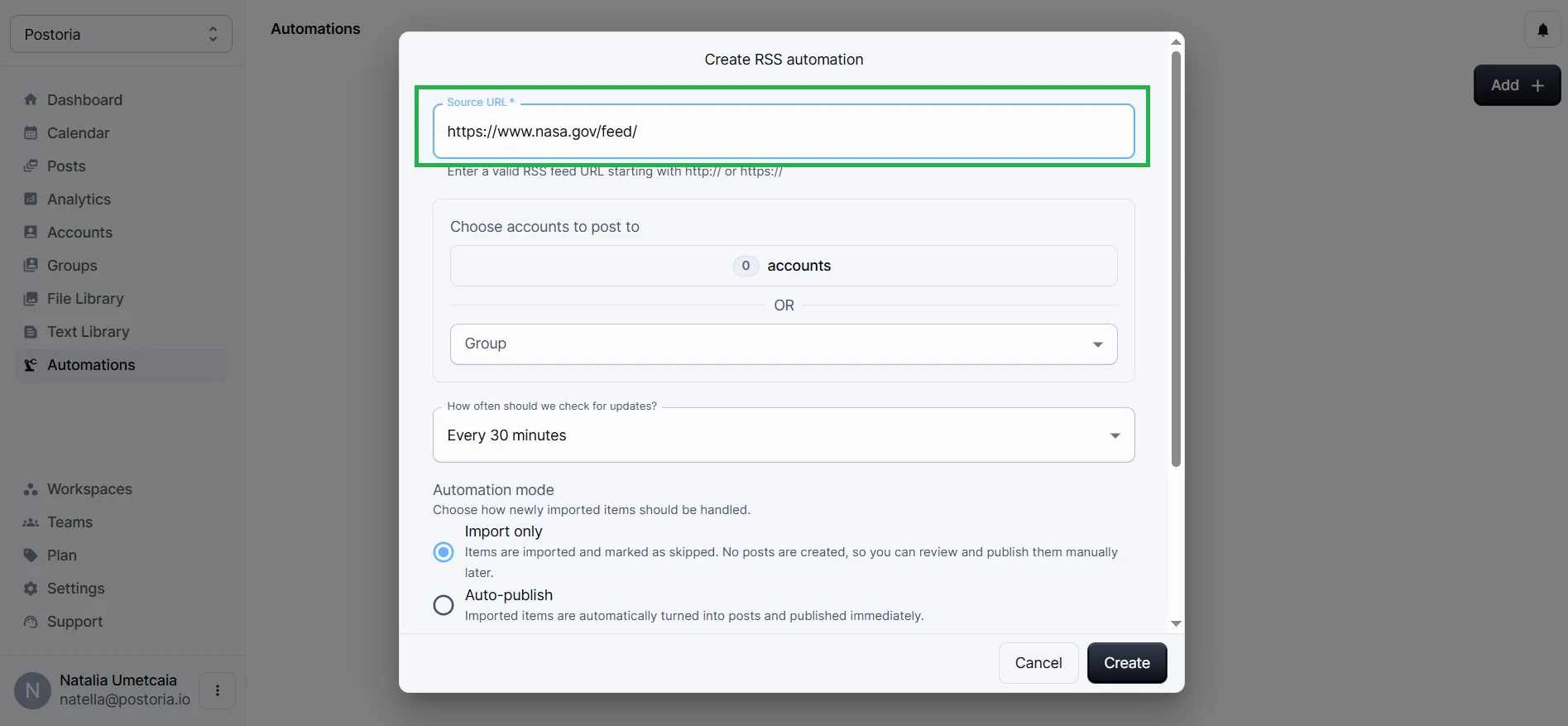 Enter RSS Feed in Source URL Field