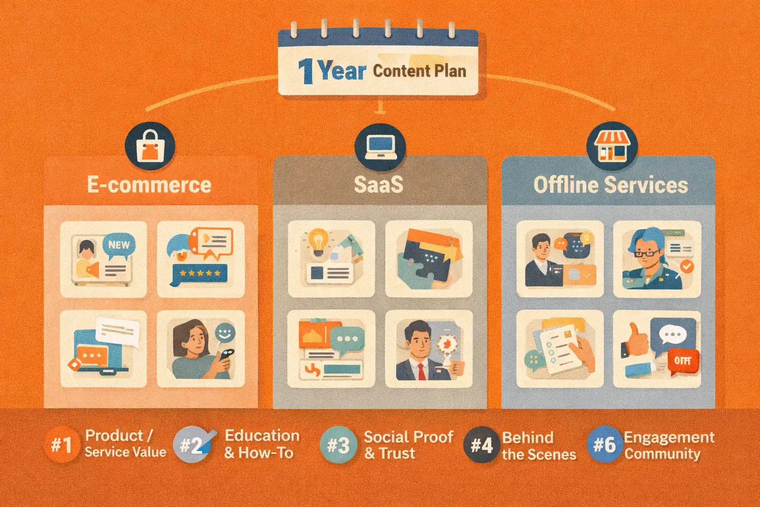 One-year content ideas: frameworks for e-commerce, SaaS, and offline services — rotating 6–8 core content pillars