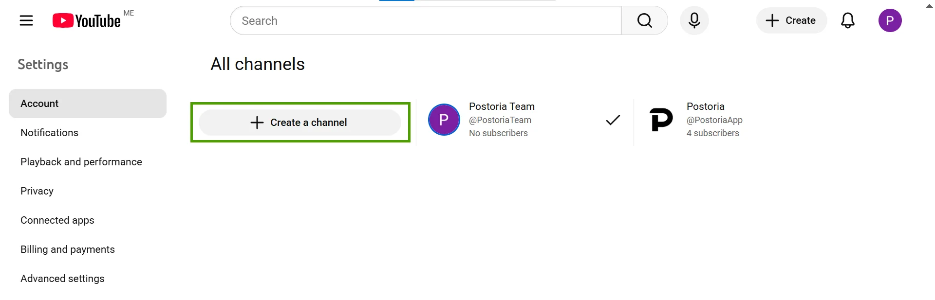 YouTube channel switcher and “Create a channel”