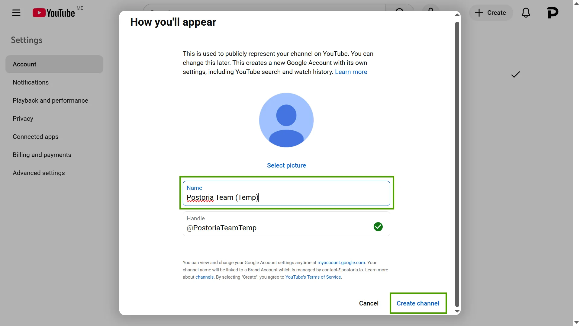 Enter your channel name and click “Create channel”