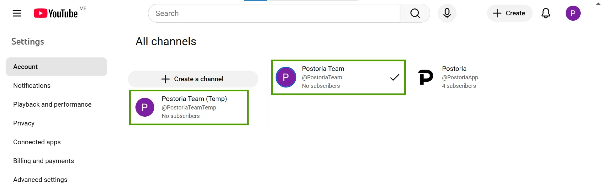 Confirm you can see both your personal channel and the new brand channel in the channel switcher