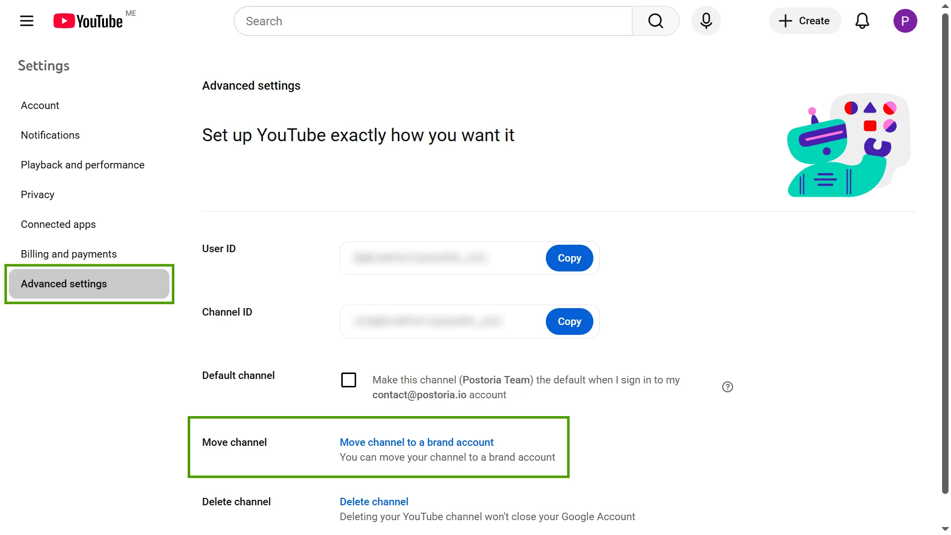 Settings → Advanced settings → Move channel to a brand account