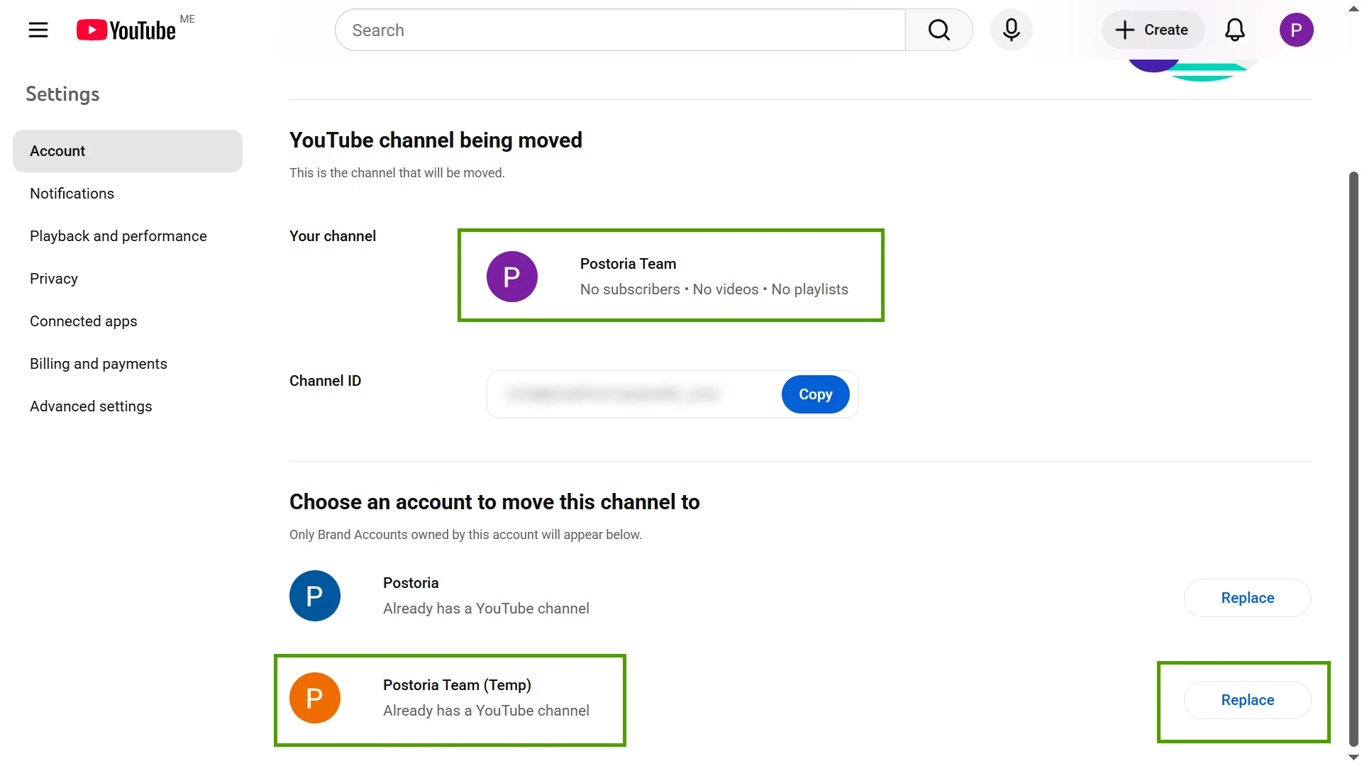 Select the temporary brand channel and choose “Replace”