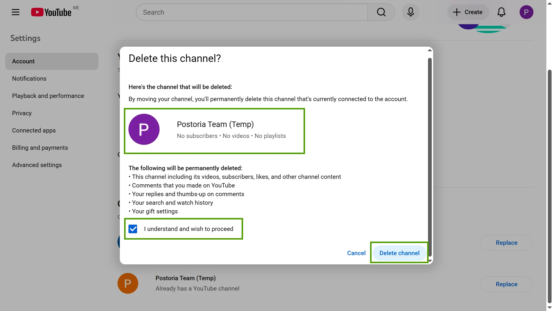 Confirm deletion of the temporary channel