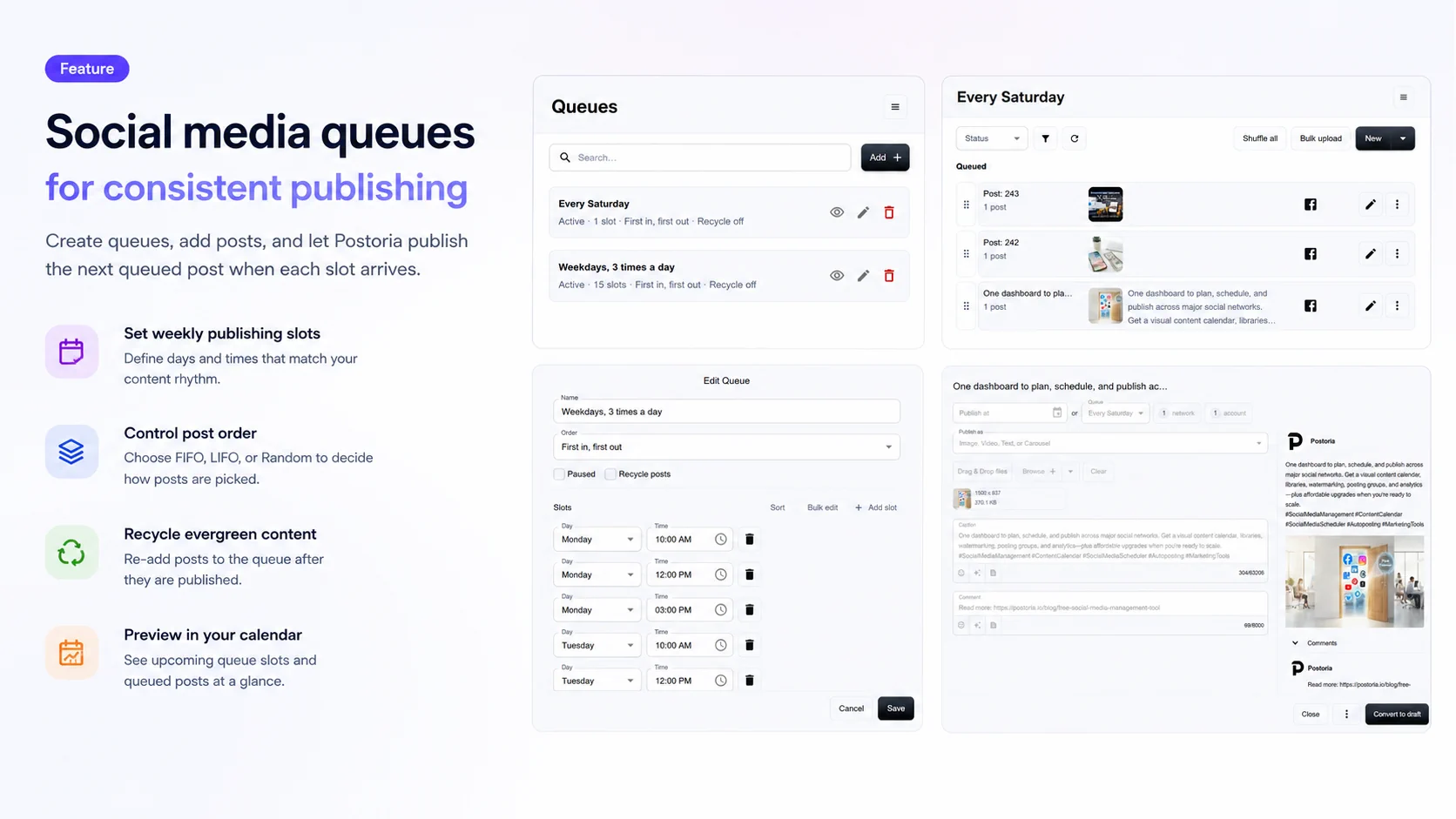 Social media queues for recurring publishing