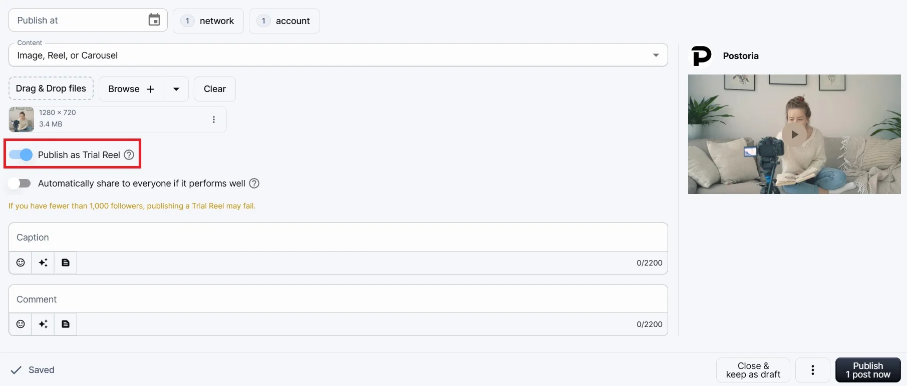Publish Trial Reel in Postoria